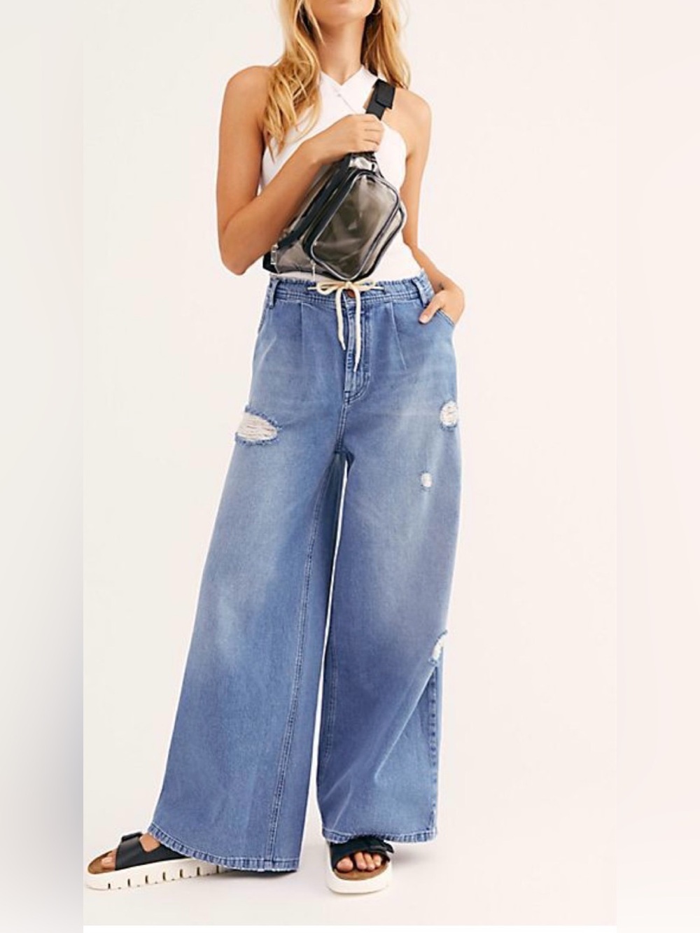 NWT Rare One Teaspoon Bad Boys Light Blue Distressed Wide-Leg Jeans